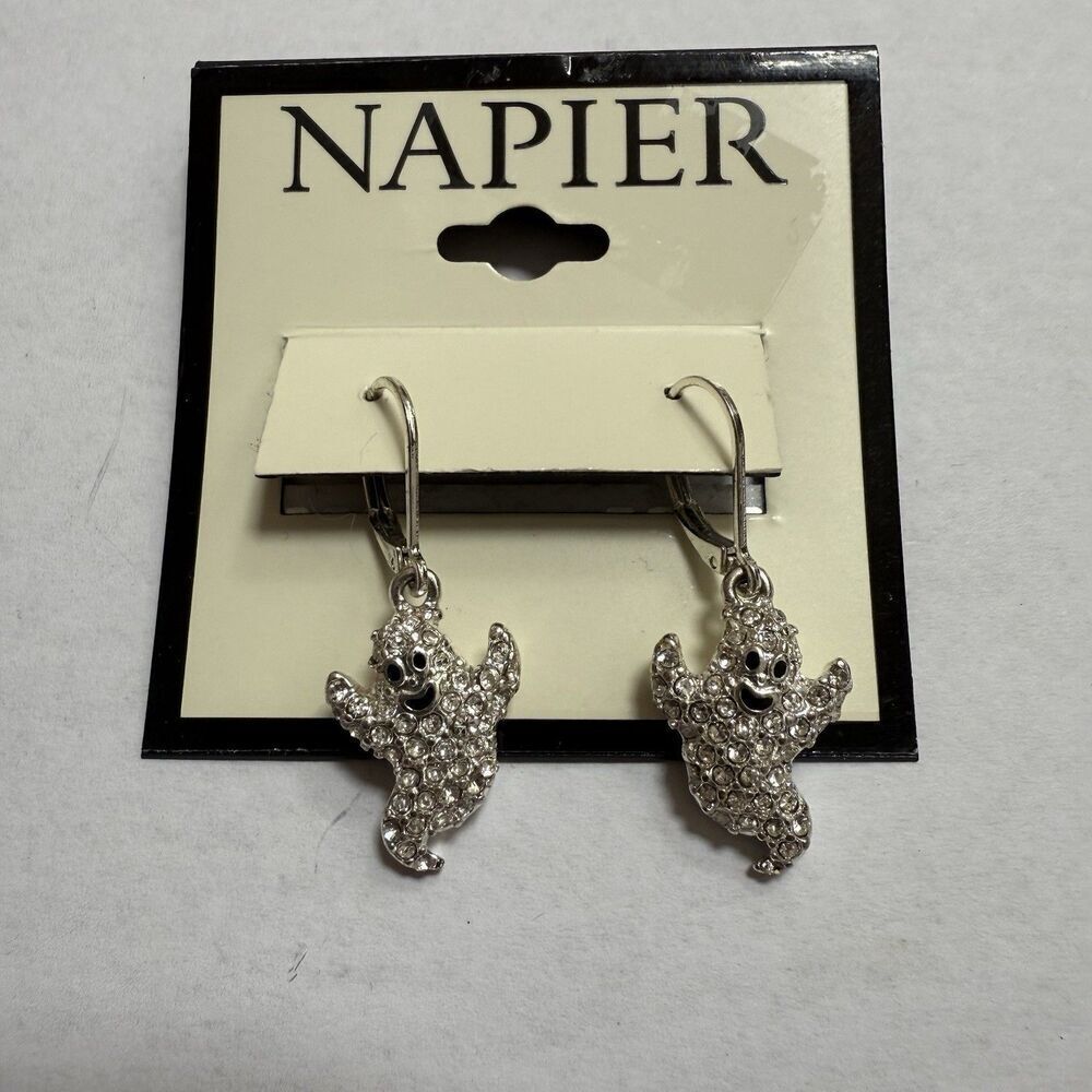 Napier Silver Tone Rhinestone Ghost Dangle Earrings Halloween Spooky Scary NWT